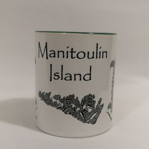 Manitoulin Island Coffee Tea Mug with Art Turtle, Fantastic Cond, White & Green